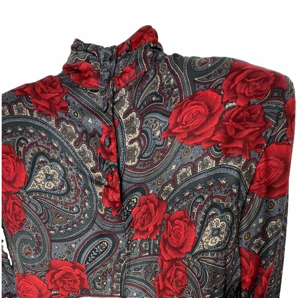 NEW Vintage Rose Print Blouse High neck by JH Collectables 100% Rayon~ sz 6 S - Picture 3 of 7